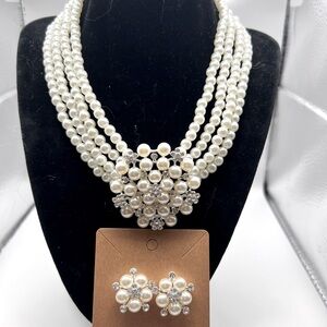 Faux Pearl and Rhinestone Pendant Necklace and matching pierced Earrings